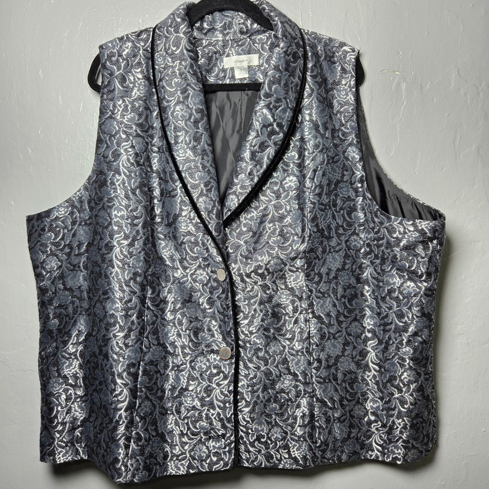 CJ Banks Floral Brocade Vest Silver Charcoal Velvet Trim Holiday Elegant 3X